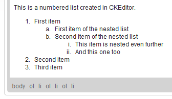 Nested numbered lists with different list markers added in CKEditor