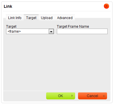 Target tab of the Link window for the URL link type with frame chosen as target
