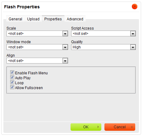 Properties tab of the Flash Properties window