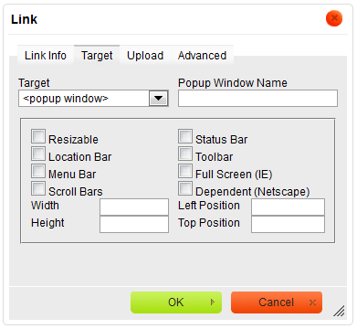 Target tab of the Link window for the URL link type with pop-up window chosen as target