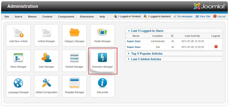 Joomla! Administration section with the Extension Manager